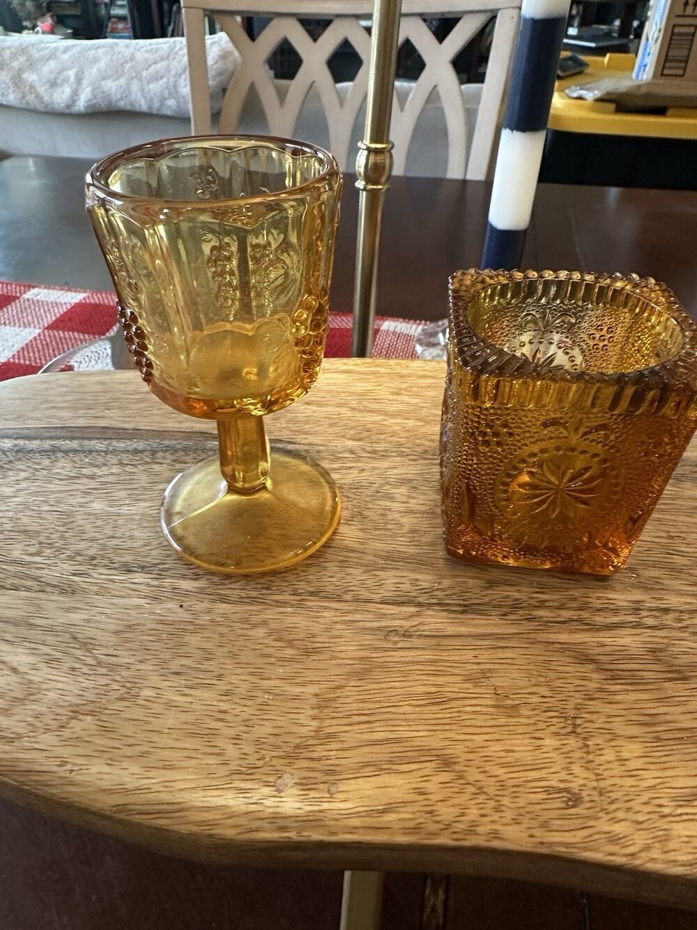 Vintage Wright Glass 4” Paneled Grape Amber Wine Goblet & 2.5 Sandwich Glass